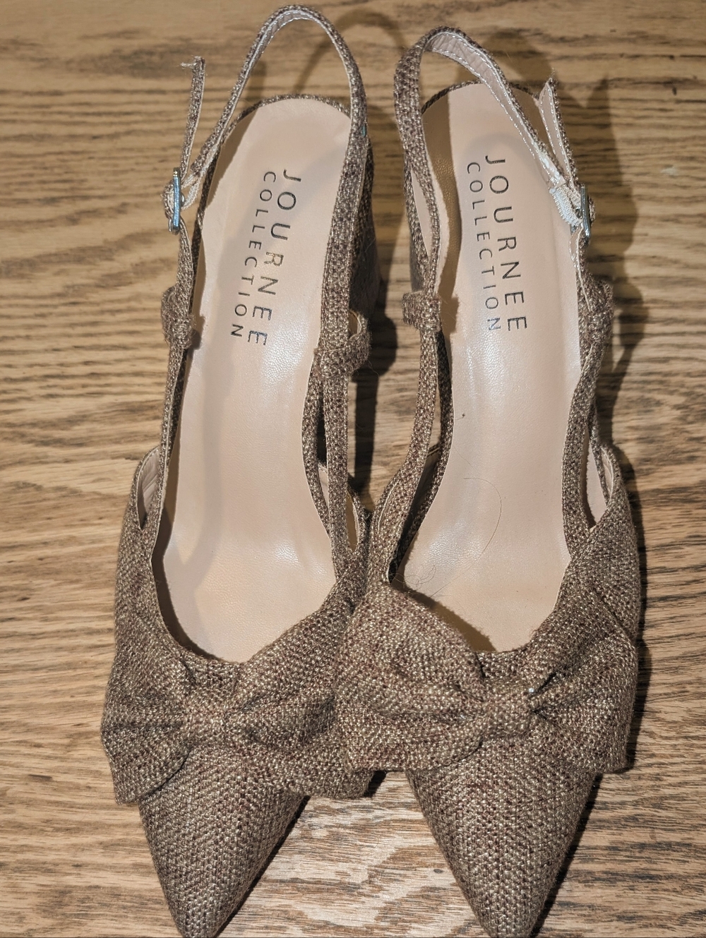 Journee Collection Slingback Chunky Heels, Bowed Bronze Fabric, Size 10